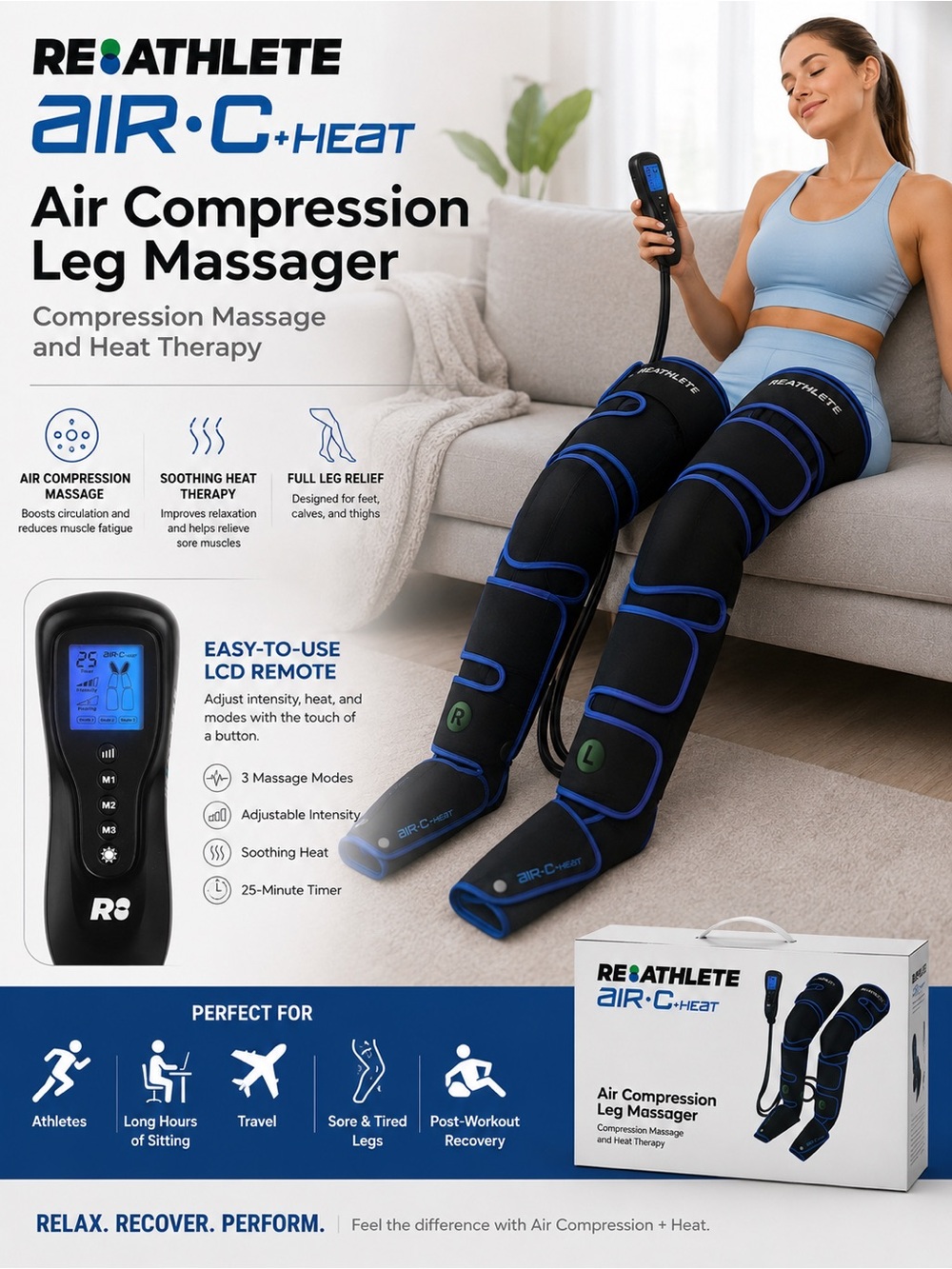 REATHLETE Air·C+Heat Black and Blue Air Compression Leg Massager